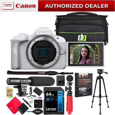 Canon EOS R50 Mirrorless Camera Body White + Microphone & Tripod Accessories Bundle