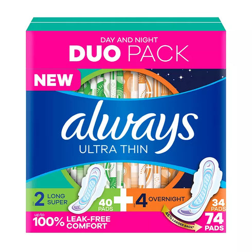Always Ultra Thin Feminine Pads Duo Pack, Size 2 Long Super & 4 Overnight, 74 Count