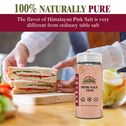 Himalayan Chef Fine Grain Pink Salt - 100% Natural Gourmet Salt with 84 Minerals, 12.5 oz Shaker