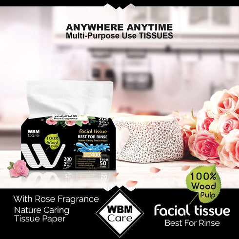 WBM Care Professional Facial Tissues with Rose Fragrance - (Pack of 12) 200 Sheets per Box, Ultra-Soft, White Tissues for Gentle Care