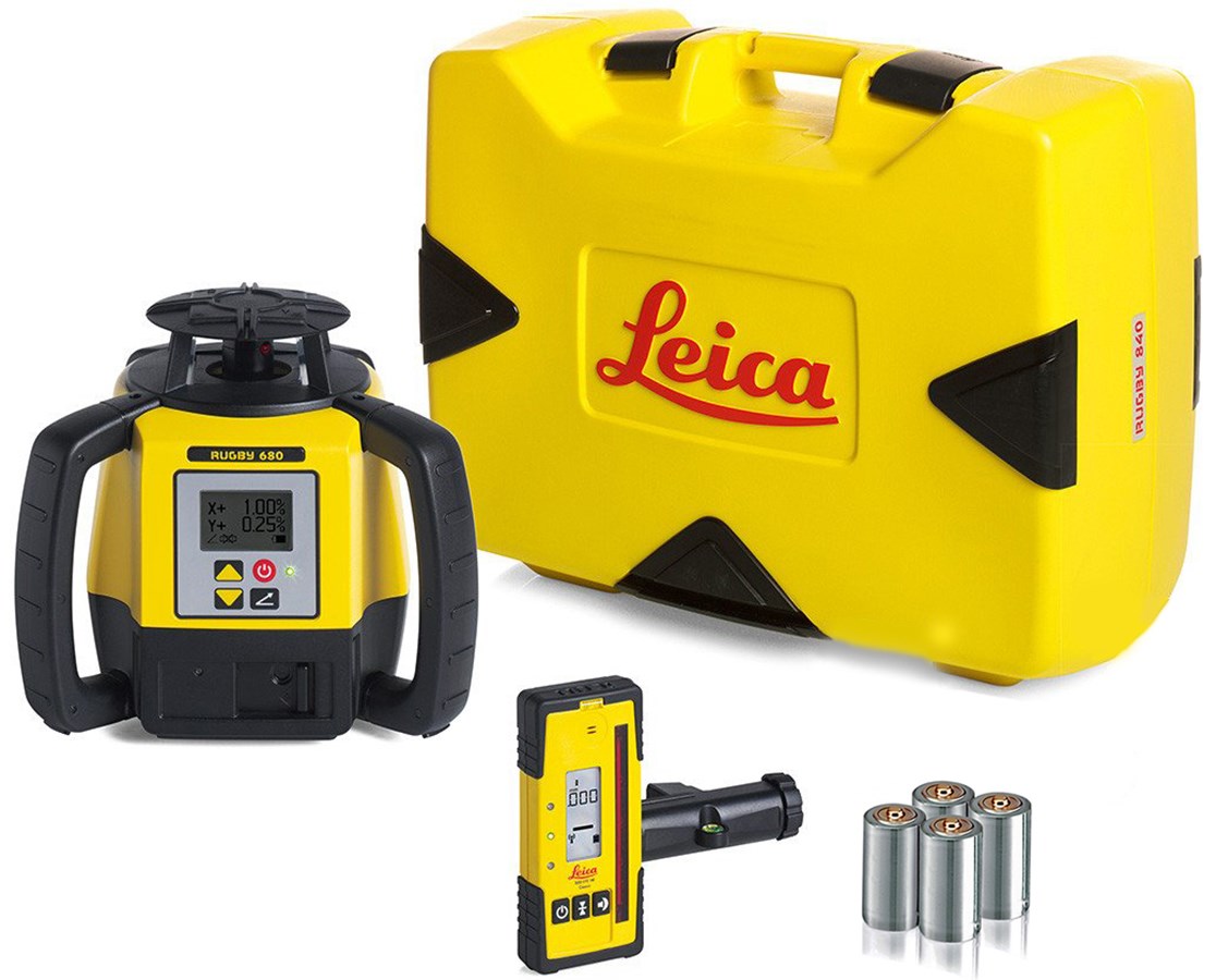 Leica 6006007 Rugby 680 Dual Grade Laser Level With Rod Eye 140 and Alkaline Battery Pack