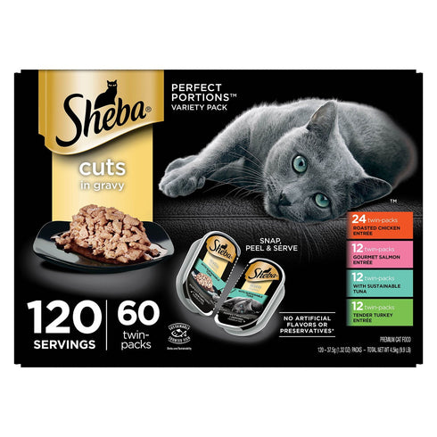 Sheba Perfect Portions Wet Cat Food Trays Variety Pack, 2.6 oz Trays, 60-Count – Complete Cat Nutritionv