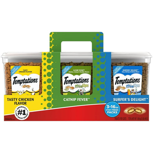 TEMPTATIONS Cat Treats Variety Pack, 16 oz Tubs (3-Pack) – Tasty Chicken, Catnip Fever & Surfers’ Delight