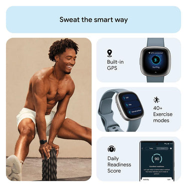 Fitbit Versa 4 Fitness Smartwatch w/ GPS, Waterfall Blue/Platinum + Fitness Bundle