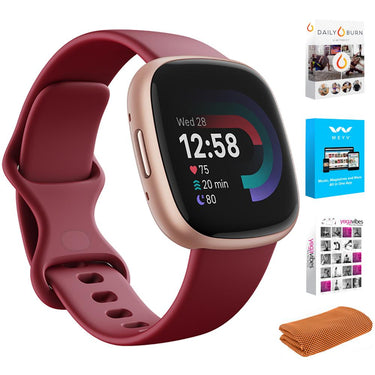 Fitbit Versa 4 Fitness Smartwatch, Beet Juice/Copper Rose Aluminum w/ Fitness Bundle