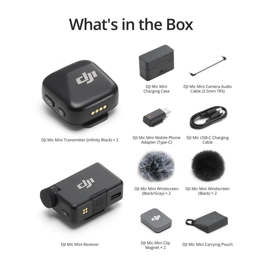 DJI Mic Mini (2 TX + 1 RX + Charging Case), Ultralight with Accessory Bundle