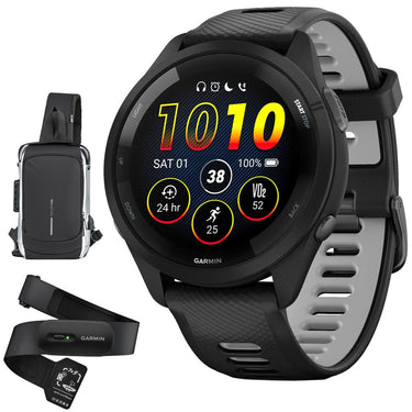 Garmin Forerunner 265 GPS Smartwatch, Black/Powder Gray w/ Garmin HRM 200 (M-XL) Bundle