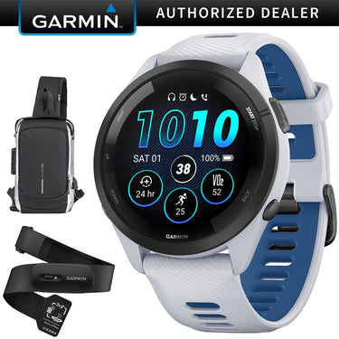 Garmin Forerunner 265 GPS Smartwatch, Whitestone/Tidal Blue w/ HRM 200 (M-XL) Bundle