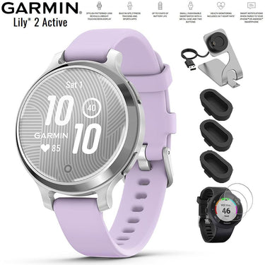 Garmin Lily 2 Active Smartwatch Silver with Purple Band + Charging Dock Bundle