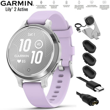 Garmin Lily 2 Active Smartwatch Silver with Purple Jasmine Band+Charging Bundle