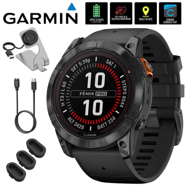 Garmin Fenix 7X Pro Solar, No Wi-Fi, Slate Gray, Black w/ Accessories Bundle