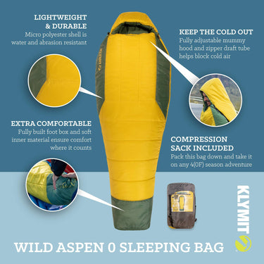 Klymit Wild Aspen Lightweight Mummy Sleeping Bag for Camping, Hiking (Yellow, XL)