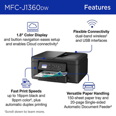 Brother Work Smart 1360 Inkjet All-in-One Printer with 26-Month Plan, HDMI & USB Cables