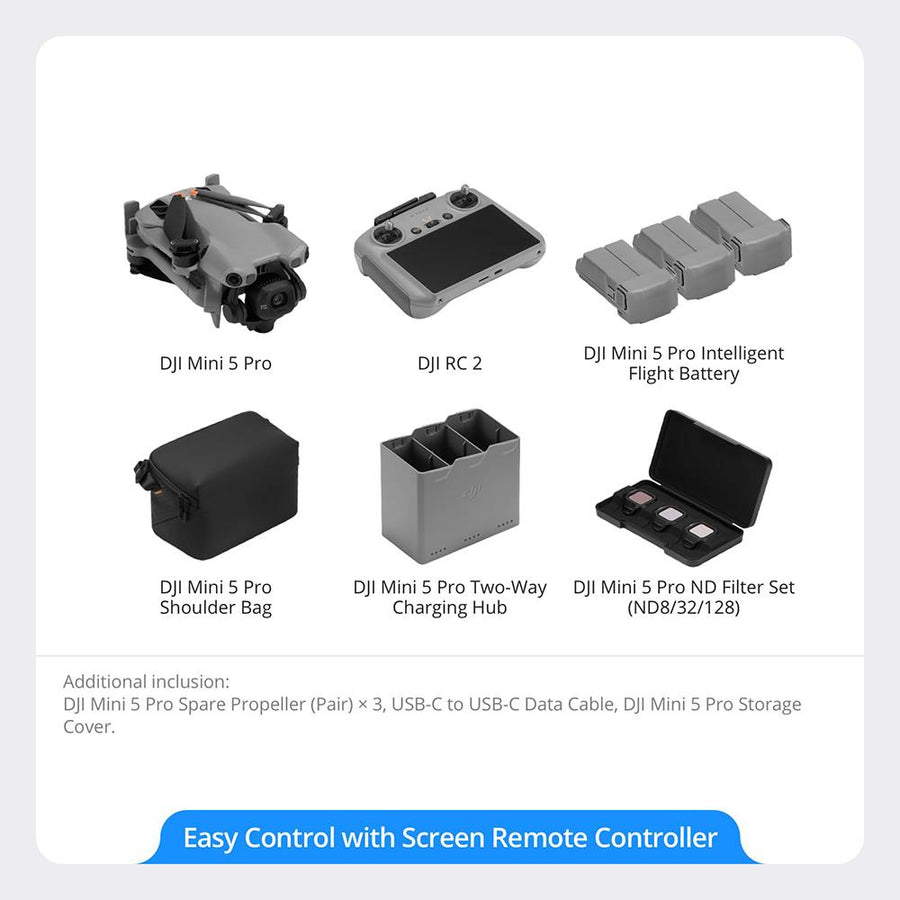 DJI Mini 5 Pro Fly More Combo with Drone, DJI RC 2 Remote, 3 Batteries, Hub