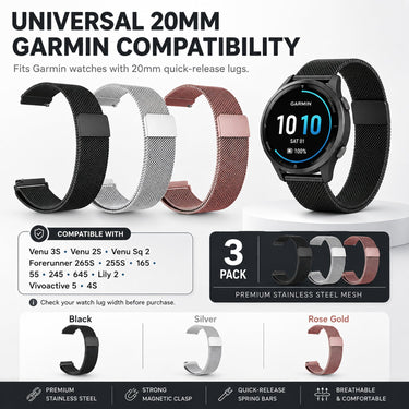 Deco Essentials 22mm Milanese Band Garmin Venu 3S/265S/255S/Lily 2 3-Pack