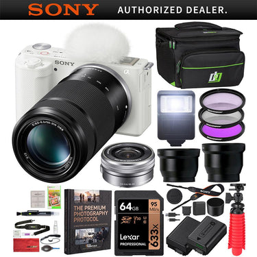 Sony ZV-E10 Mirrorless Vlog Camera Body + 2 Lens Kit 16-50mm + 55-210mm White Bundle