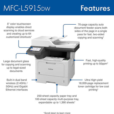 Brother Business Monochrome Laser All-in-One Printer with Guide & Printer Cable