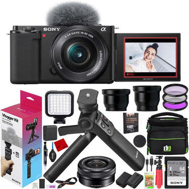 Sony ZV-E10 Mirrorless Vlog Camera + 16-50mm Lens + ACCVC1 Vlogger Kit Black Bundle