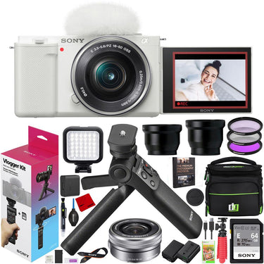 Sony ZV-E10 Mirrorless Vlog Camera + 16-50mm Lens + ACCVC1 Vlogger Kit White Bundle