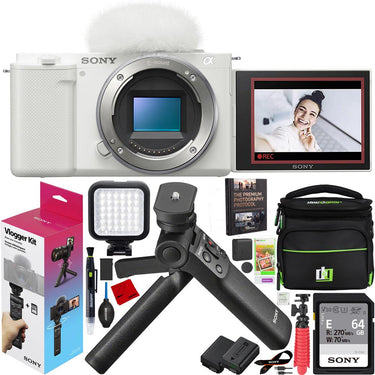 Sony ZV-E10 Mirrorless APS-C Alpha Vlog Camera Body + ACCVC1 Vlogger Kit White Bundle