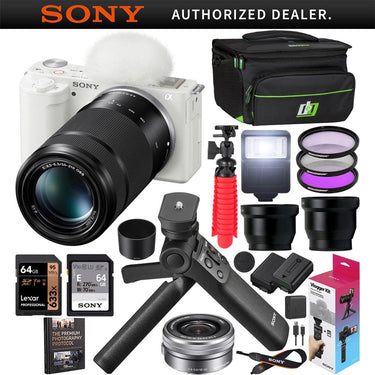 Sony ZV-E10 Mirrorless Vlog Camera 2 Lens Kit 16-50mm 55-210mm + ACCVC1 White Bundle