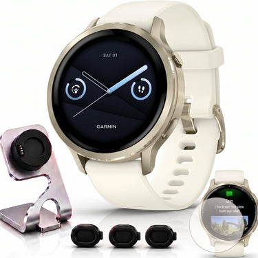 Garmin Venu 4 41mm GPS Smartwatch Lunar Gold Bundle + Dock Dust Covers Screen Guards