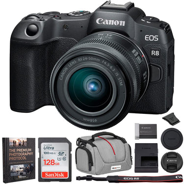 Canon EOS R8 Mirrorless Camera + RF 24-50mm F4.5-6.3 IS STM Lens + Accessories Bundle