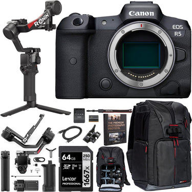 Canon EOS R5 Mirrorless Camera Body, 45MP IBIS & 8K Video + DJI RS 4 Gimbal Stabilizer