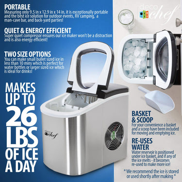 Deco Chef Stainless Steel Electric Top Load Ice Maker with The Smoothies Bible Recipe Book