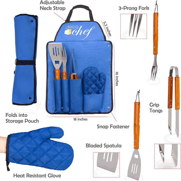 Deco Gear 3 Piece BBQ Tool Set with Apron, Spatula, Tongs, Fork & Mitt Open Box