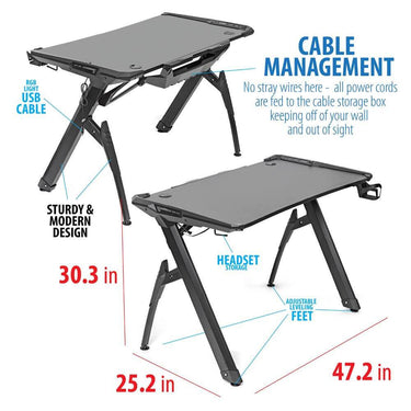 Deco Gear 47" LED Gaming Desk, Carbon Fiber Surface with Gaming Chair (White) Bundle