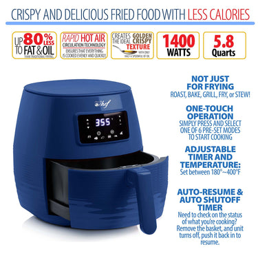 Deco Chef Digital 5.8QT Electric Air Fryer Healthier Cooking Blue + 6-Pcs Knife Set Black