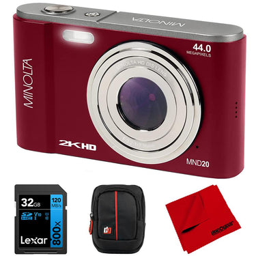 Minolta MND20 44 MP 2.7K Ultra HD Digital Camera, Red w/ Accessories Bundle
