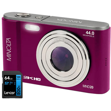 Minolta 44 MP / 2.7K Ultra HD Digital Camera Magenta with Lexar 64GB Memory Card