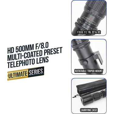 Ultimaxx 500mm f/8 Multi-Coated Preset Telephoto Lens - Open Box