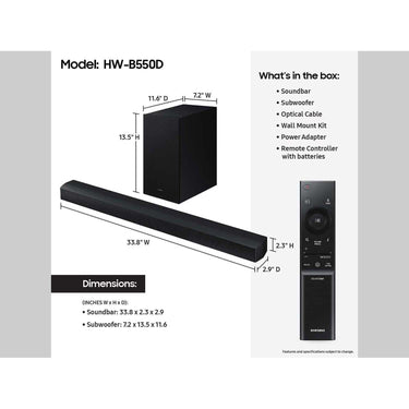 Samsung B-series 3.1 ch. DTS Virtual:X Soundbar w/Bass Boost, HW-B550D (2024)