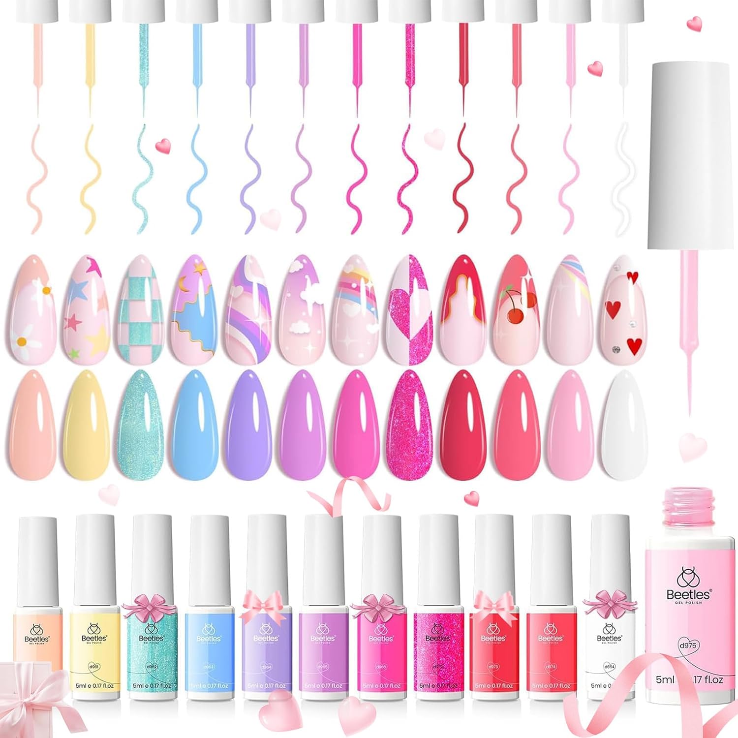 12-Color Gel Nail Polish Set for Creative Summer Art beetles Pink Gel Liner Nail Art 12 Colors Gel Nail Polish Summer Blue White Glitter Painted Soak Off Uv Lamp Art Nails Red Yellow for Thin French Line Nails Manicure Gift for Women