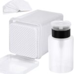 200 Pieces Nail Cotton Pads,1 Pull-Down Pump Dispenser Bottle, Super Absorbent Soft Non-Woven Eyelash Glue Wipes, Nail Polish dehumidifier for Eyelash Extension Products and Nail Oil Bottle (White)