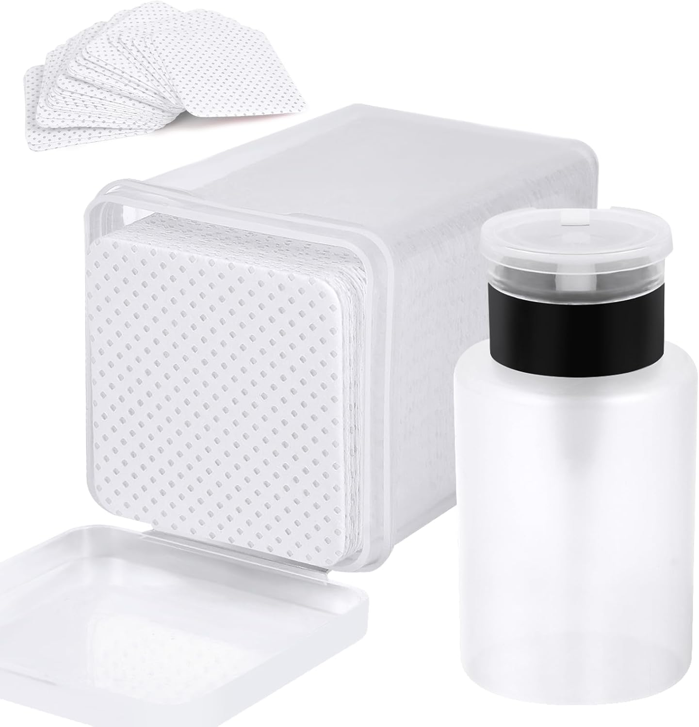 200 Cotton Pads with Dispenser for Nail and Eyelash Care 200 Pieces Nail Cotton Pads,1 Pull-Down Pump Dispenser Bottle, Super Absorbent Soft Non-Woven Eyelash Glue Wipes, Nail Polish dehumidifier for Eyelash Extension Products and Nail Oil Bottle (White)