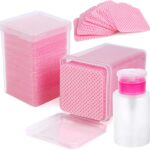 400 Pieces Nail Cotton Pads,1 Pull-Down Pump Dispenser Bottle, Super Absorbent Soft Non-Woven Eyelash Glue Wipes, Nail Polish dehumidifier for Eyelash Extension Products and Nail Oil Bottle (Pink)