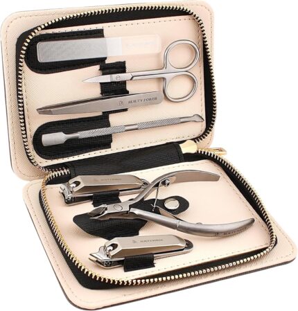 Beauty Power Manicure Pedicure Set 7-in-1 Stainless Steel, Ultra Sharp, Slanted Nail Clipper, Fingernail Clipper, Cuticle Nipper, Glass Nail File, Eyebrow Tweezers, Scissors, Case - Gift Idea - Gray