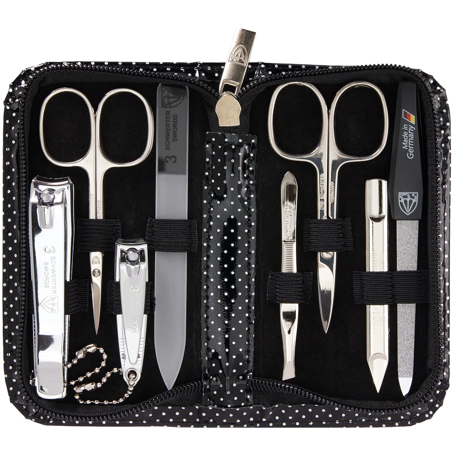 8-Piece German Manicure Set in Black Leather Case 3 Swords Germany - brand quality 8 piece manicure pedicure grooming kit set synthetic leather case black silver spots - Made in Germany