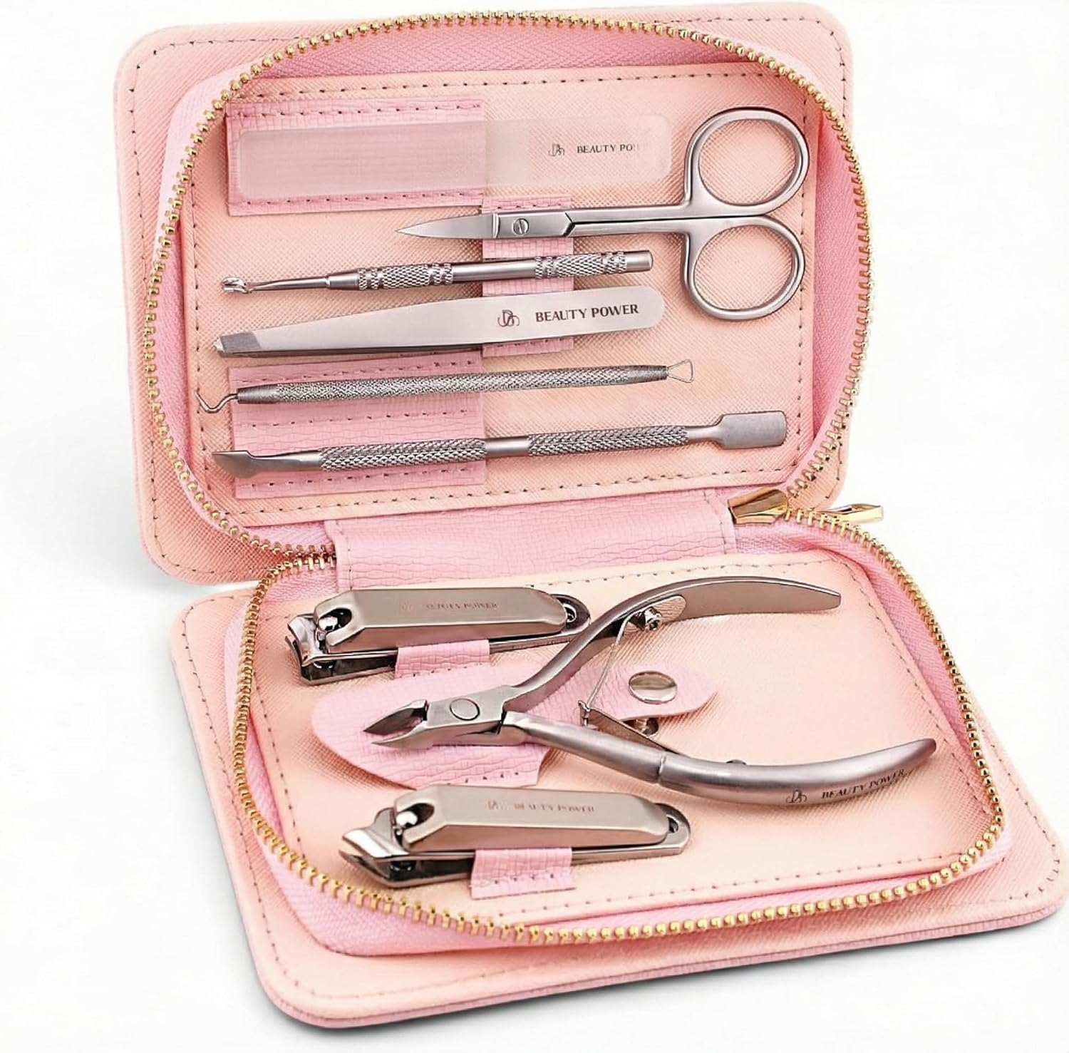 9-in-1 Professional Nail Care Set in Pink - Perfect Gift Beauty Power 9 in 1 Professional Manicure Pedicure Set - Stainless Steel Nail Clippers, Nano File, Cuticle Nipper, Scissors, Tweezers, Travel PU Leather Case for Men & Women - Gift Idea - Pink