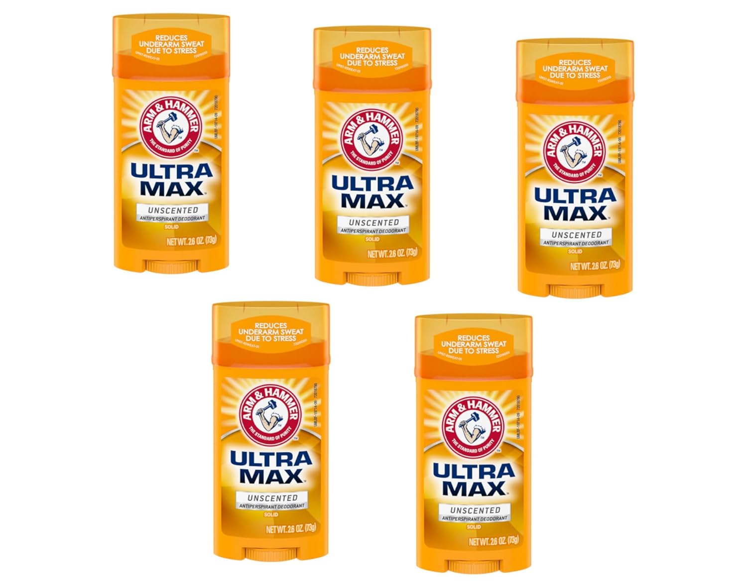 ARM & HAMMER Unscented Solid Antiperspirant Deodorant, 5-Pack ARM & HAMMER ULTRA MAX Solid Antiperspirant Deodorant, Wide Stick, Unscented, 2.6 oz. (Pack of 5)