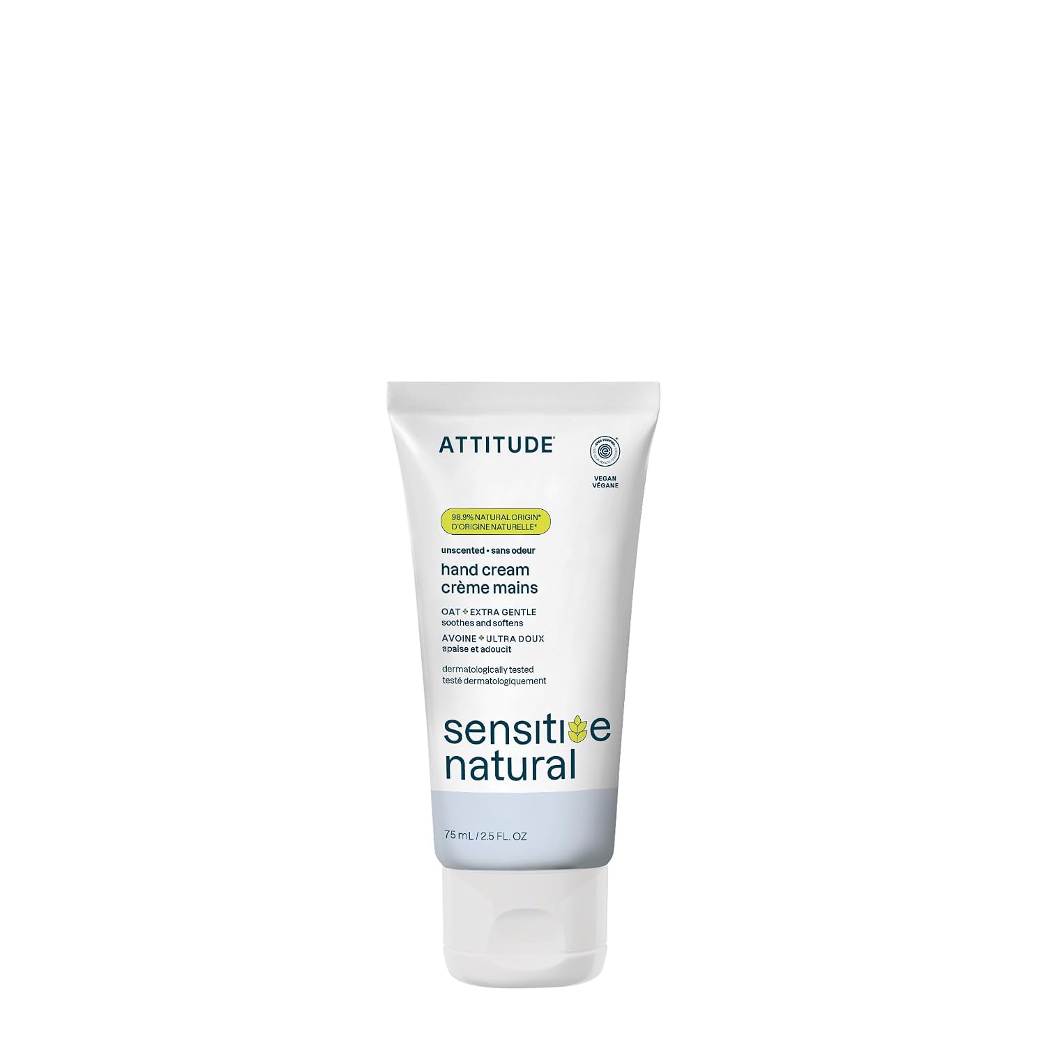 ATTITUDE Vegan Hand Cream for Sensitive Skin, Oat Infused ATTITUDE Hand Cream for Sensitive Skin with Oat, EWG Verified, Dermatologically Tested, Vegan, Unscented, 2.5 Fl Oz