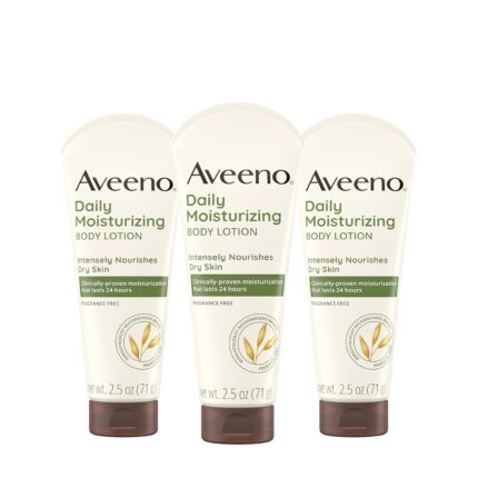 Aveeno Daily Moisturizing Body Lotion, Gentle Lotion Nourishes Dry Skin with Moisture, Sooth-ing Prebiotic Oat, Fragrance-Free, Non-Comedogenic, Travel-Size, 2.5 fl. oz, 3 Pack