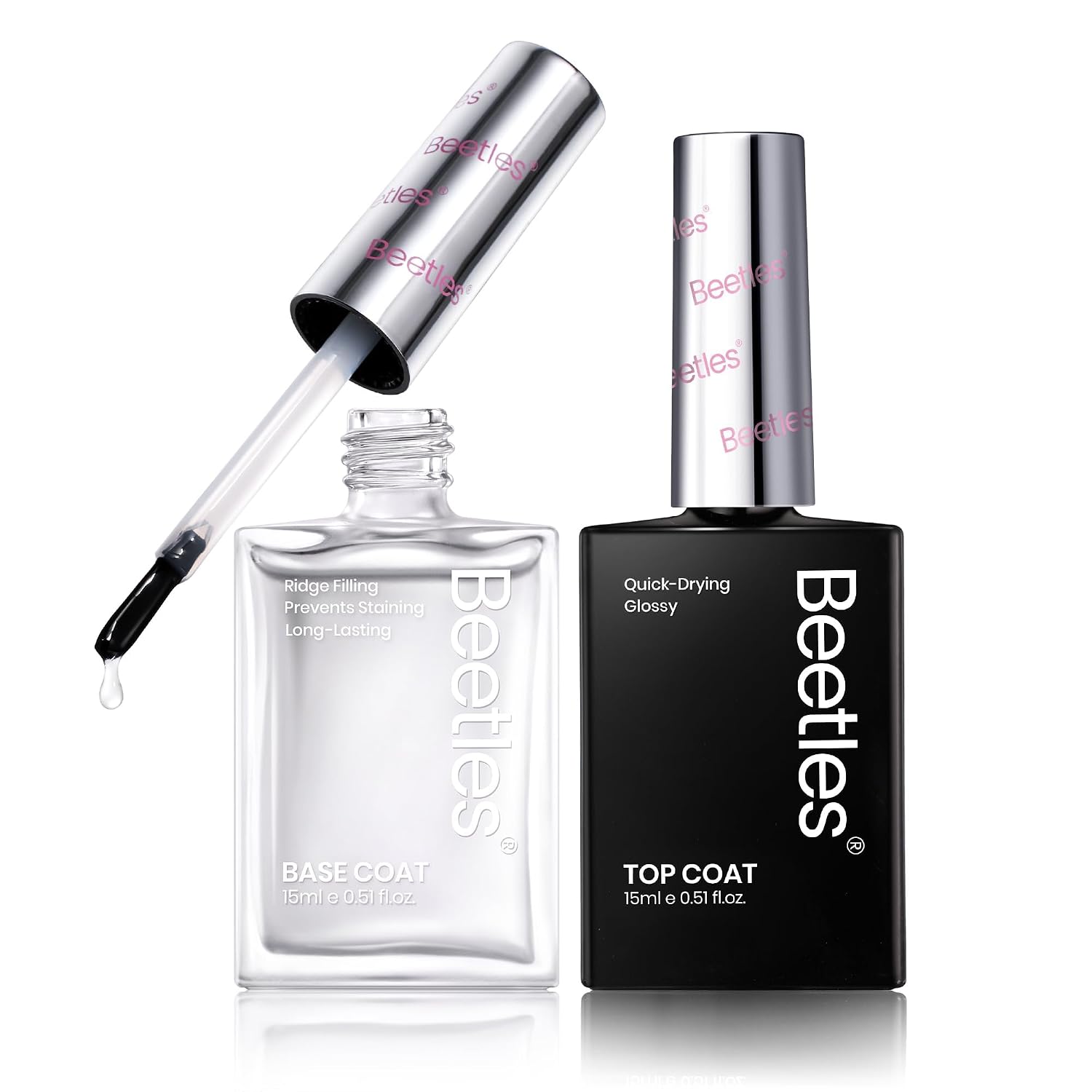 Beetles 2-Piece Fast-Drying Top & Base Coat Set Beetles 2Pcs 15ml Nail Polish Top Coat and Base Coat Set, Fast Drying & Long Lasting Shine Clear Nail Polish, 3 IN 1 Protects Nails, Enhances Glossy and Nourishes Nails