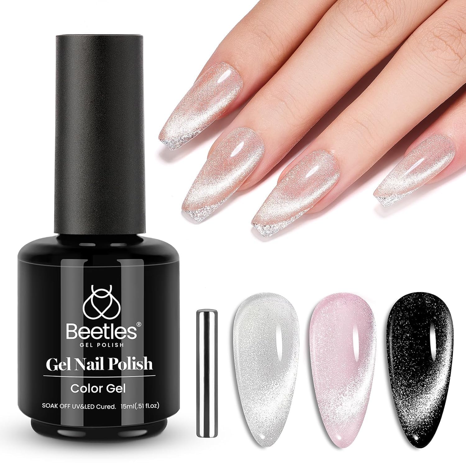 Beetles Cascade Silver Cat Eye Gel Polish - 15ML Glitter Beetles Star Cascade Silver Cat Eye Gel Nail Polish - 15ML Glitter Gel Polish with Magnet Soak Off UV Velvet Nail Polish Salon DIY Manicure Gift for Women