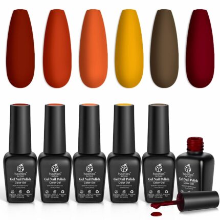 Beetles Gel Nail Polish Set - 6 Colors Burgundy Brown Yellow Glitter Orange Gold Nail Polish Saok Off UV LED Home DIY Manicure Nail Art Gift for Women Golden Blessing