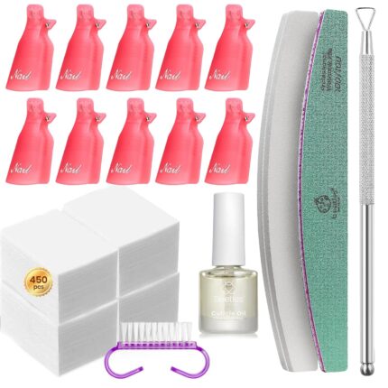 Beetles Gel Polish Remover Kit with 450 Pcs Lint Free Nail Wipes 10 Pcs Gel Polish Remover Clips Cuticle Oil Cuticle Pusher Nail File
